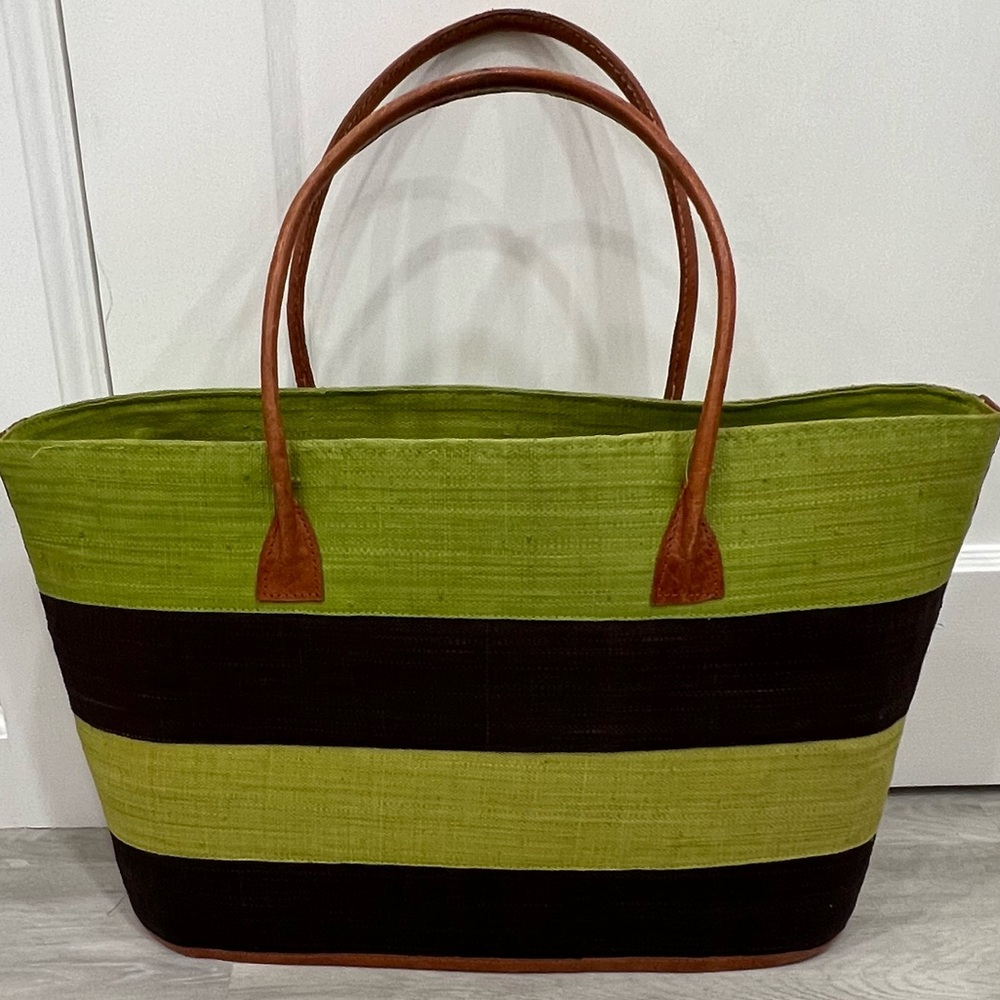 Lime green, dark blue grass woven purse with liner. Like new.